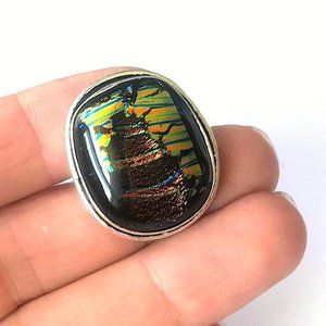 Black Dichroic Glass Ring in Size 7, Unique and Big